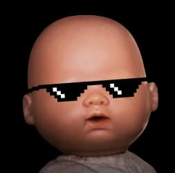 cool baby doll head wearing 8-bit sunglasses